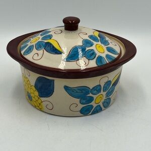Temp-Tations Floral Ceramic Dish with Lid - Blue, Yellow, Brown - Cute